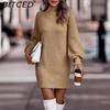 BITCED Fall/Winter Solid-Color Long-Sleeve Fashion Turtleneck Sweater Dress for Women