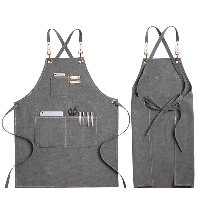 Kitchen Apron Heavy Duty Canvas Barber Work Aprons Unisex Cross Straps Adjustable Salon Hairdresser Bib PU Leather Apron for Men