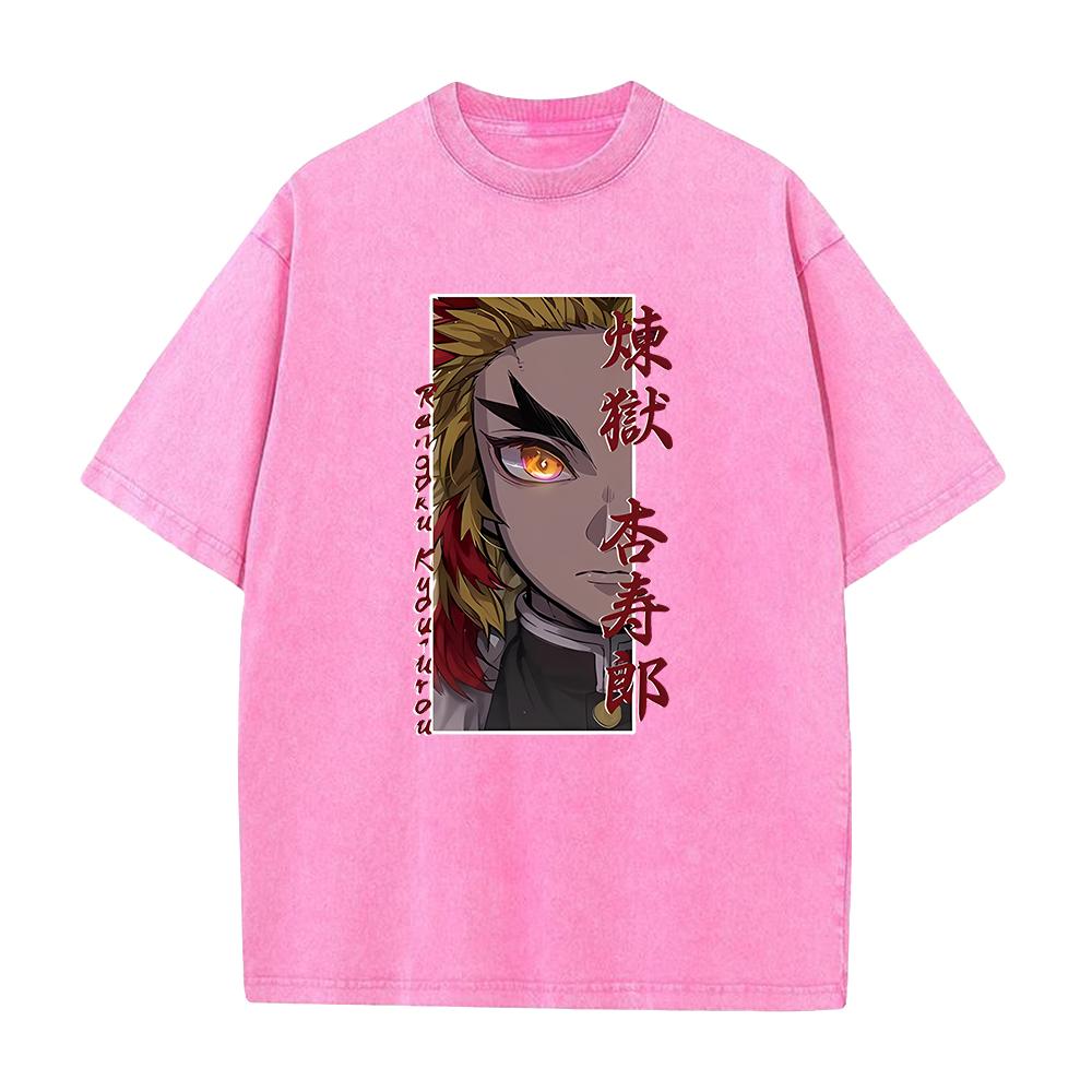 Harajuku Anime Demon Slayer Rengoku Kyoujurou Print Washed T Shirt Men Vintage Casual T-shirts Hip Hop Male Cotton Tshirt