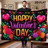 2D Valentines Day Party Tapestry, "Happy Valentine's Day" Print with Hearts, Flowers and Sparkles Photo Banner