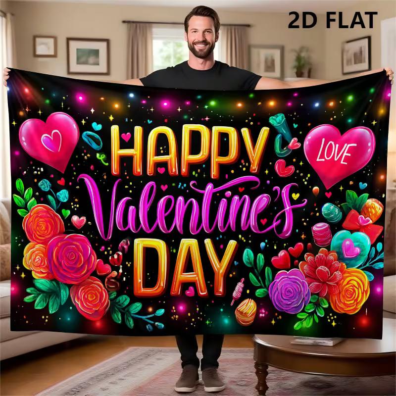 2D Valentines Day Party Tapestry, "Happy Valentine's Day" Print with Hearts, Flowers and Sparkles Photo Banner
