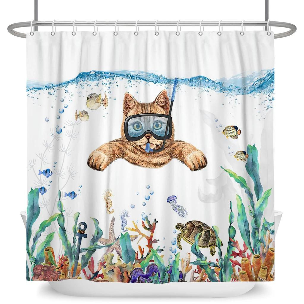Hrdinský Velký bílý žralok s pistolí Kočka Vtipný sprchový závěs Pro kryt vany Kryt koupelny Koupání Extra velký Široký 12 ks háčků