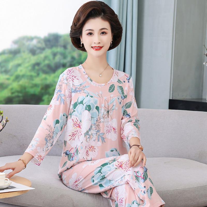 Mom Cotton and Silk Pajamas Women's Spring and Autumn Summer Long-sleeved Two-piece Set Middle-aged and Elderly Large-size Printed Loungewear Women
