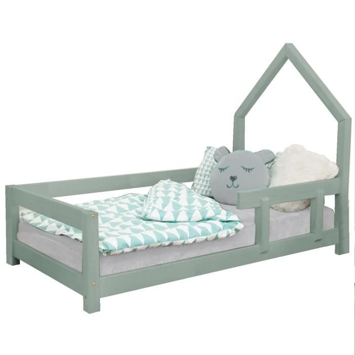 Lit cabane enfant - GENERIQUE - POPPI - Bois massif - Vert - 120x200 cm
