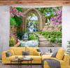 Cherry Blossoms Green Trees River Bridge Nature Tapestry Stone Arch Mountain Waterfall Landscape For Bedroom Living Room Dorm