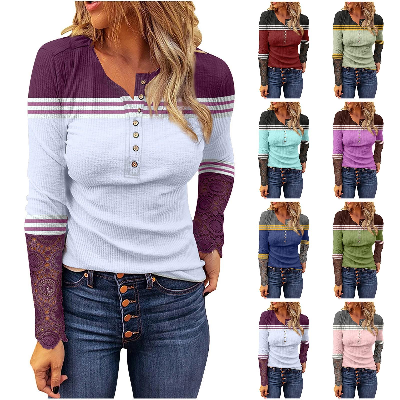 

Женская мода Лоскутная печать Кружева с длинным рукавом Повседневная пуговица Пуловер Толстовка Топ