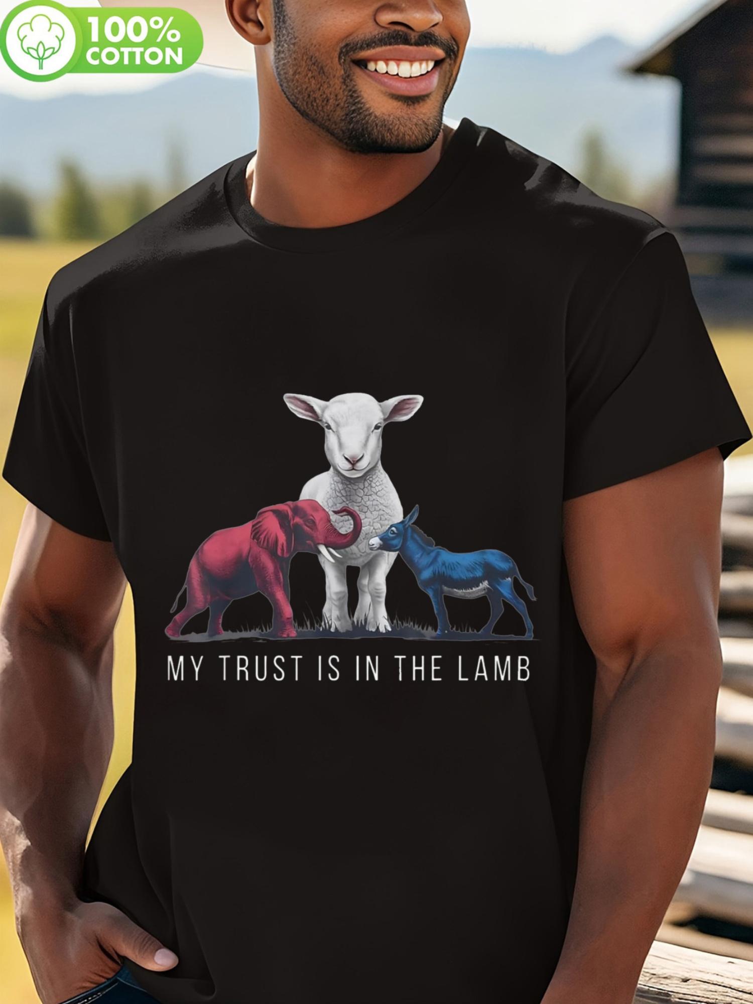 

My Trust Is in the Lamb Isaiah 96:6 Graphic T-shirt - 100% Cotton Casual Short Sleeve Tee with Red & Blue Elephant Design XXL