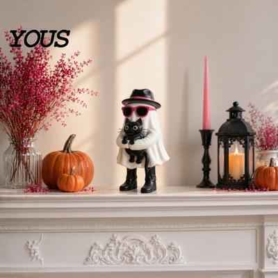 Western Style Halloween Ornament Ghost Hugging Black Cat Resin Figurine, Cool with Sunglasses & Hat, Collectible Spooky for Desk Window