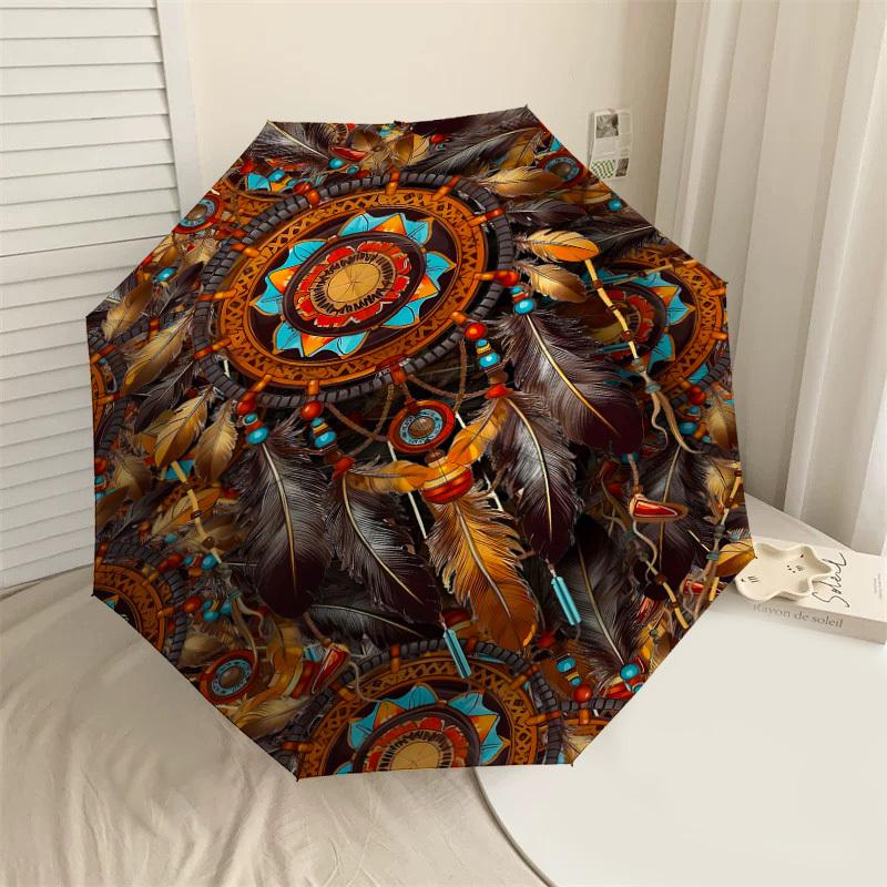 

1PC Dreamcatcher Feathers Umbrella-8-Rib Reinforced Portable Folding Travel Suitable for All Seasons Outdoor Daily Use-J406