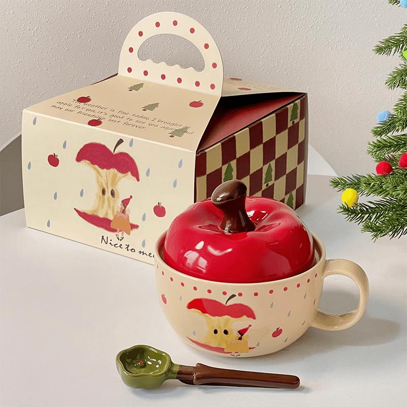 Cute Apple Ceramic Mug with Lid and Spoon