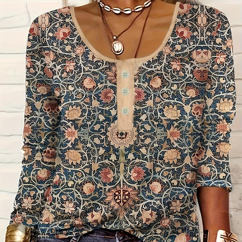 Women's V-Neck Casual Ethnic Style Printed Button Large Size Women's T-Shirt