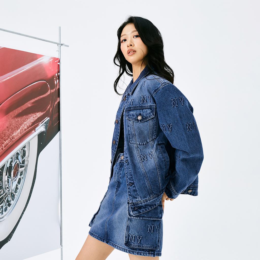 New MLB MONOGRAM Collection New York Yankees 24FW Denim Short Skirts Women's Indigo 3FDSM0444-50INS