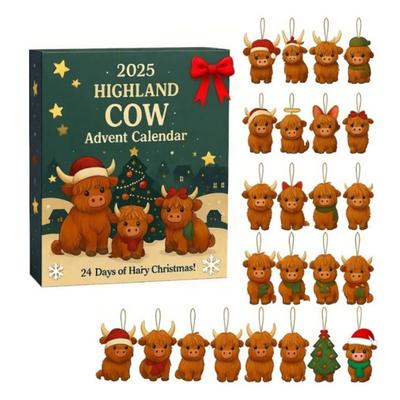 Christmas Pendant Advent Calendar Box Highland Cow 24-Day Countdown Ornament Holiday Party Decoration