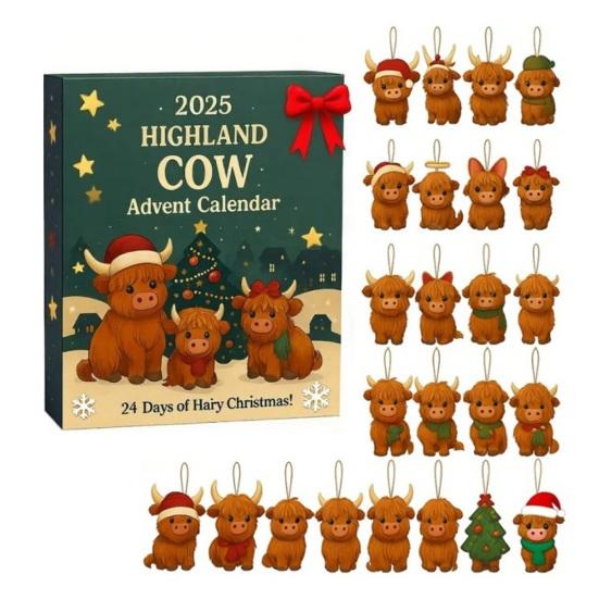 Christmas Pendant Advent Calendar Box Highland Cow 24-Day Countdown Ornament Holiday Party Decoration