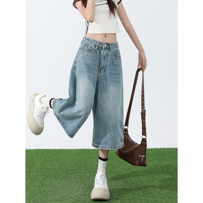 Women's Summer Vintage Simple Casual Denim Capri Pants Female Streetwear Y2K High Waist Loose Straight Wide Leg Jeans Pantalones