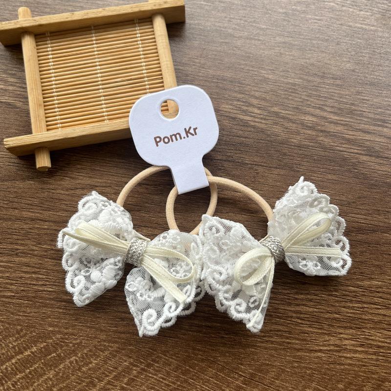 2pcs/set Beige Color Cute Lace Bow Hair Ties for Girls Fashionable Stretch Versatile Kids Ponytail Holders with Floral Lace Trim