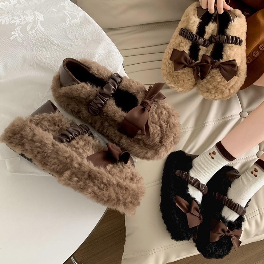 Bow-tie thick-soled fluffy shoes, women's autumn and winter height increase, one pedal, velvet Mary Jane cotton shoes