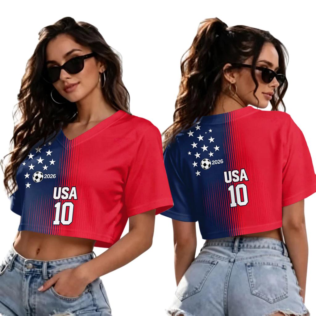 T-shirt court à col en V et manches courtes pour femme, avec imprimé football, pour un look décontracté d'été