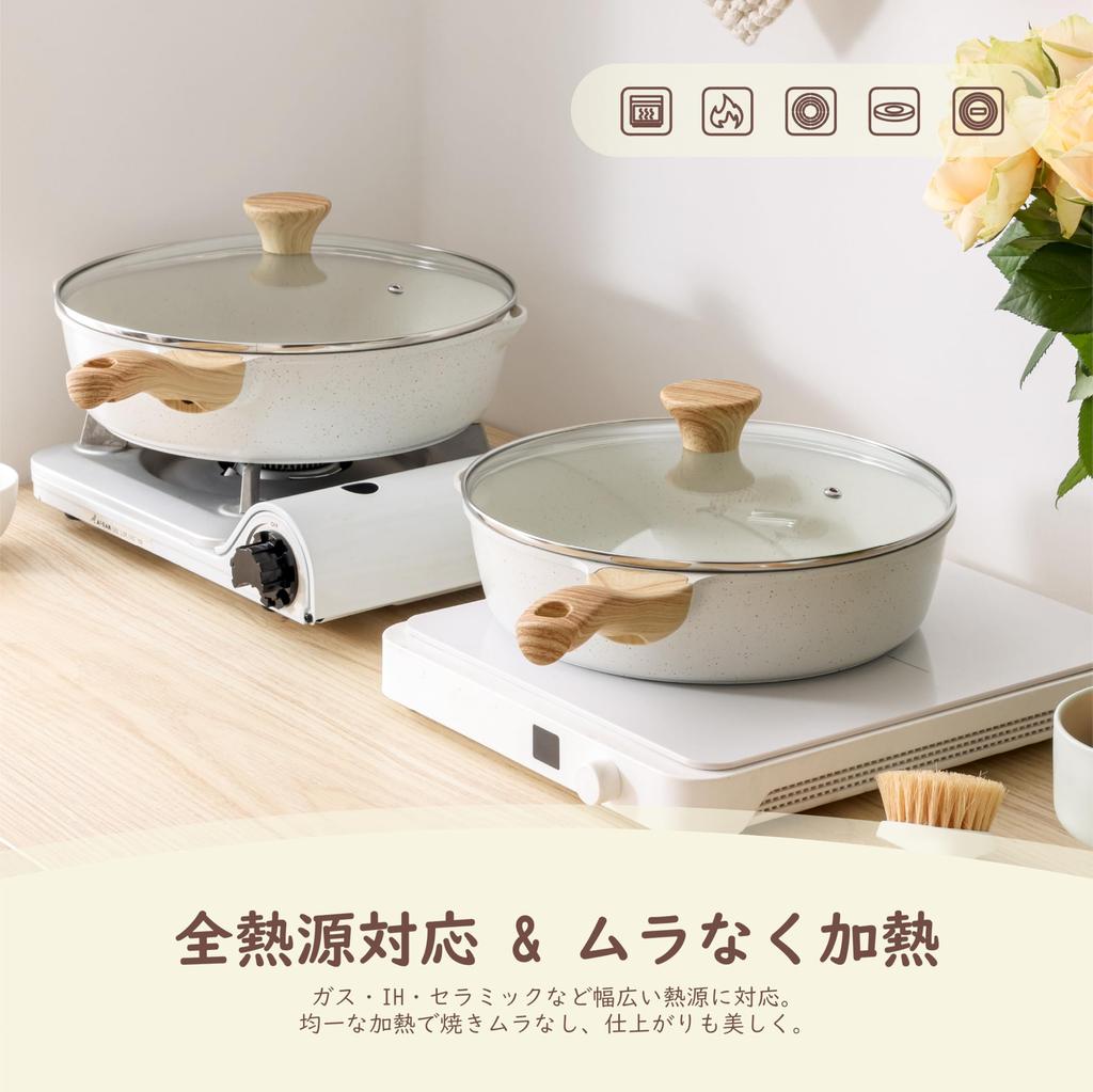 SENSARTE Deep Frying with Marble Easy To Chinese High Heat 1 Year White Pan, 28cm, Lid, Coat, IH/Gas Compatible, Stir-Fry Pan, Non-Stick, Clean, Wok,