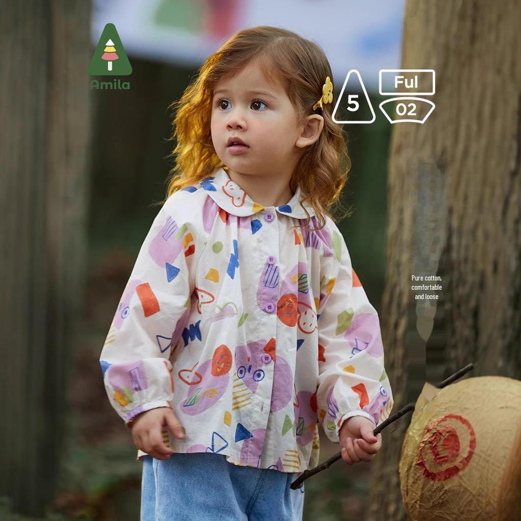 2025 Spring Girls' Cute Sweet Shirt: Full Print Large Lapel Casual Top