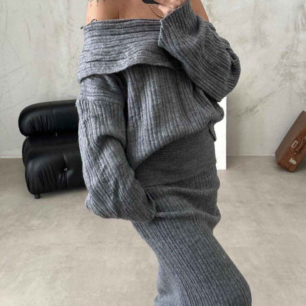 2024 European & American Style Off-the-Shoulder Knitted Sweater Two-Piece Set with Long Sleeves