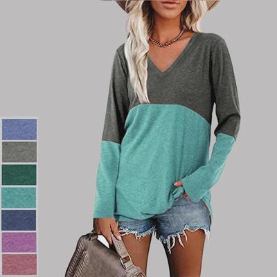 2023 Women's Contrast Color V-Neck Long-Sleeve Loose T-Shirt for Autumn/Winter