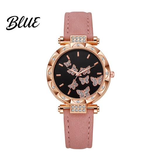 Ladies Watch Butterfly Artificial Leather Strap Quartz Rhinestone Casual Women