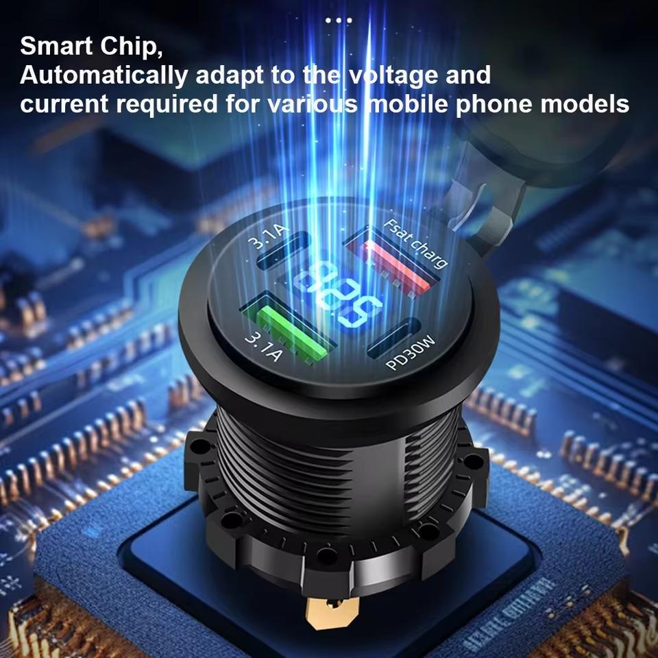 83W Car Charger Socket PD30W Fast Charging Dual USB+Type C Outlet Phone Power Adapter with Voltmeter for Motorcycle Truck Boat
