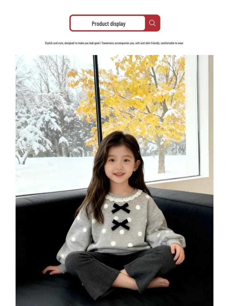 Korean Girls' Autumn Lace Bowknot Hoodie and Flare Pants Set, 2025 New Style