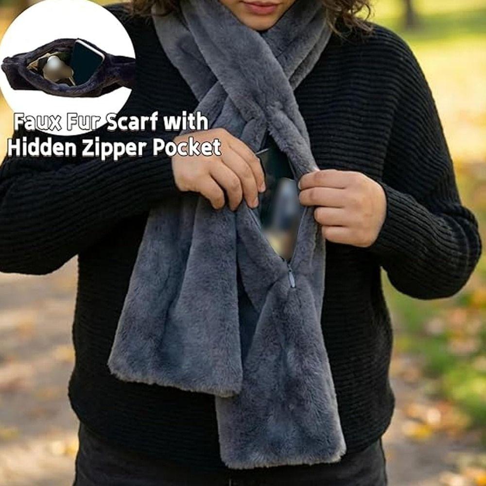 Soft Warm Long Scarf Phone Storage Faux Fur Scarf Scarf with Hidden Zipper Pocket  Daily Use