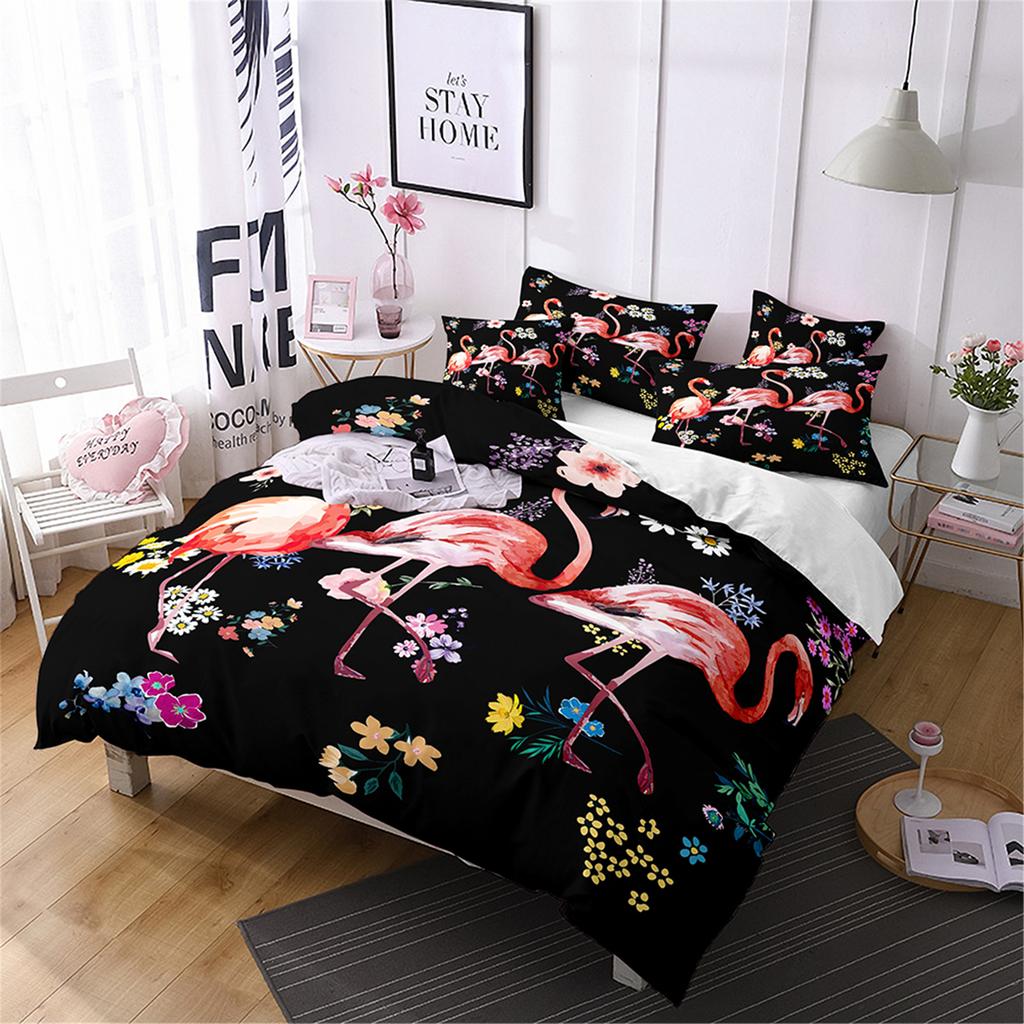 Flower Flamingo Bedding Set For Girl,Flamingos Full Bed Set,2 People Comforter Cover,Pink And Black Pdouble Bed Cover,Microfiber