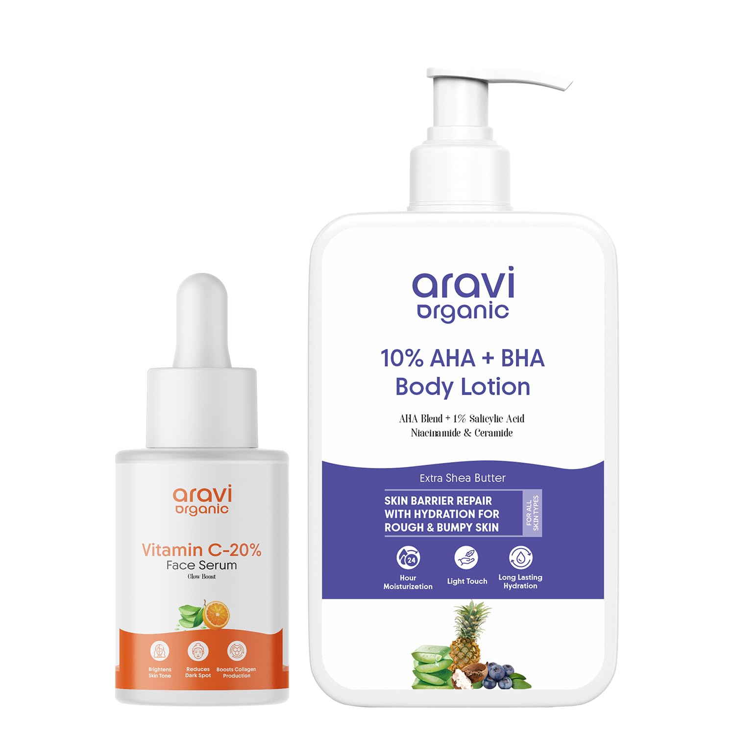 Aravi Organic Vitamin C Face Serum + AHA BHA Body Lotion - Brightening & Exfoliating Skincare Duo