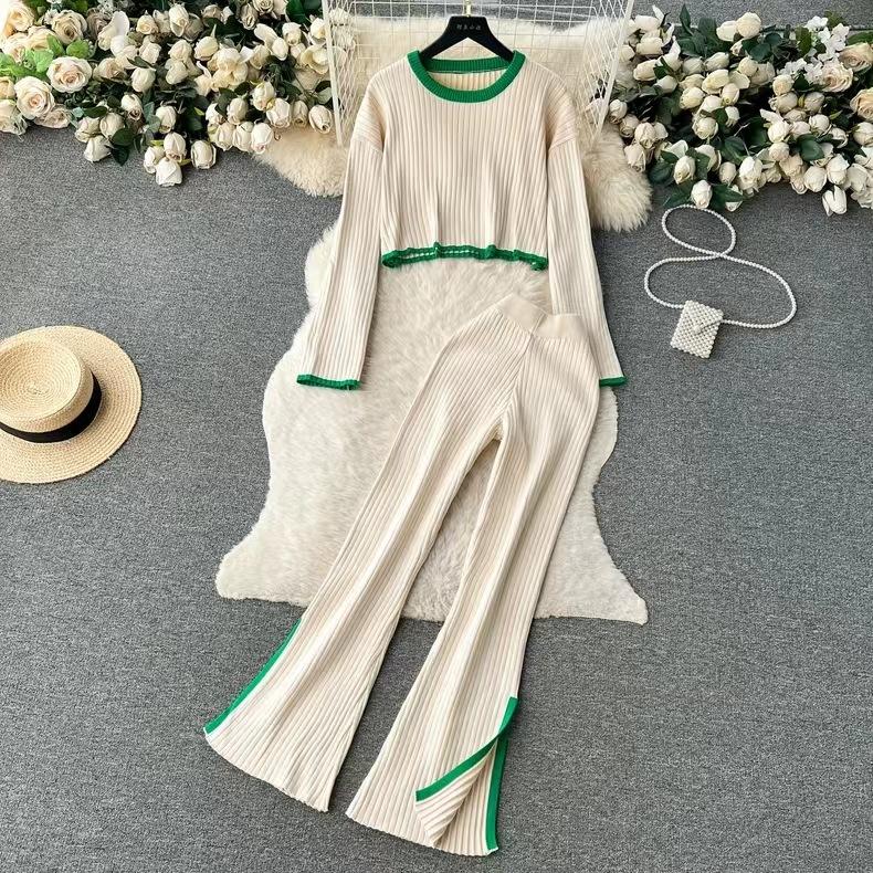 Damen Pullover und Hose Set Casual Pullover Anzüge Herbst Winter Strick Lose Langarm Gestreift Eleganz Tops Elastische Pulloverhose