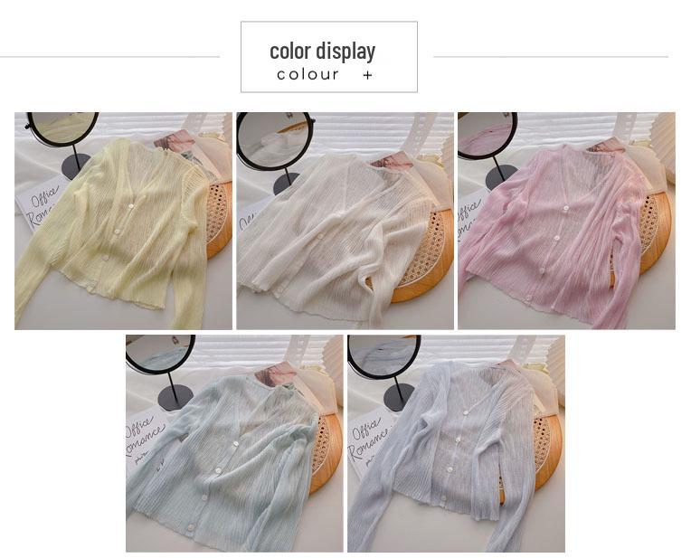 Women's Summer 2021 Thin Ice Silk Cardigan - Korean Style, V-Neck, See-Through, Long Sleeve Knit Top.