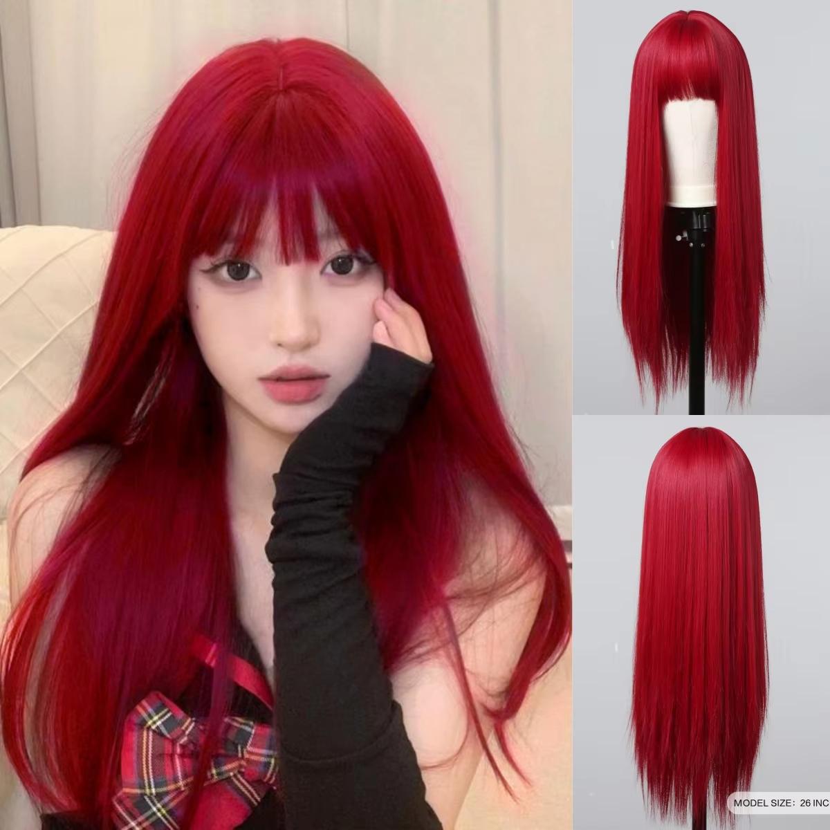 Perruque synthétique rose à longs cheveux raides pour fête d'Halloween, perruque cosplay pour usage quotidien, accessoire de coiffure haute température, kit de perruque 26inches black
