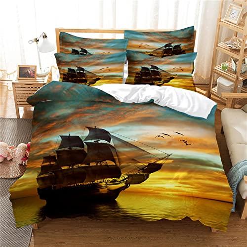 Beautiful Pink Sunset Boat Duvet Cover Set Sea Boat Comforter Cover Polyester Bedding Set With Pillowcase For Kids Boys Girls