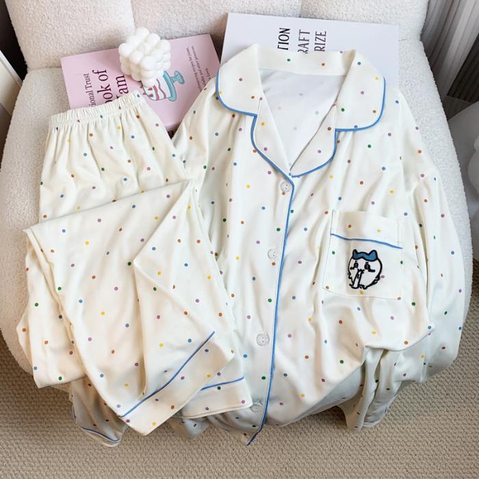 

Женская пижама в разноцветный горошек с рисунком из мультфильмов в корейском стиле из ленивого шелка, осенне-зимний новый домашний комплект XXL бежевый