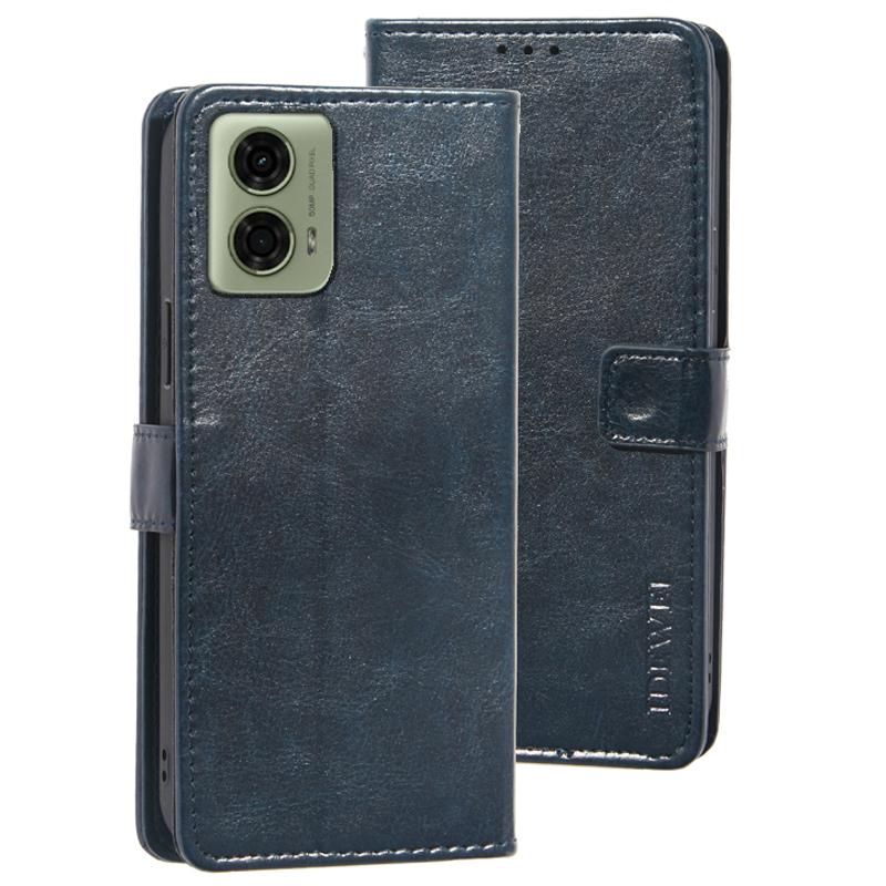 

For Motorola Moto E14 4G/G04 4G/G04s 4G/G24 4G Case Folio Leather Phone Cover Crazy Horse Texture Dark Blue