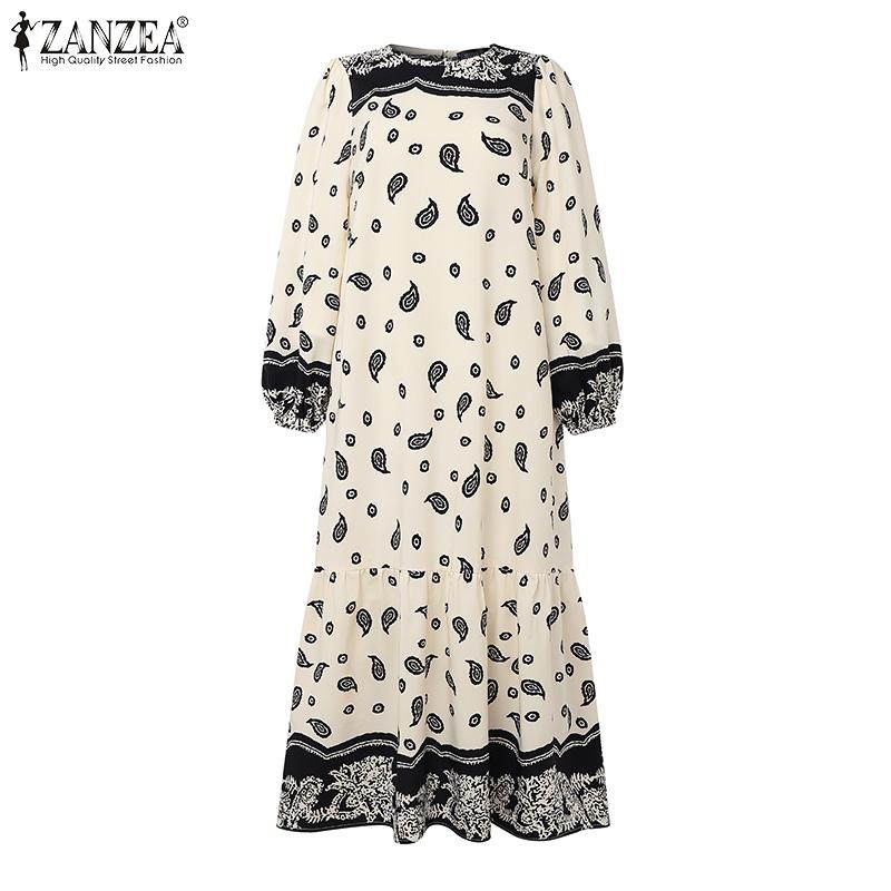 ZANZEA Women Casual Round Neck Long Sleeve Loose Retro Print Dress