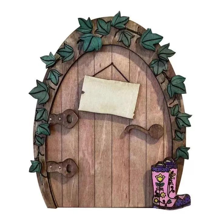 1 Pcs Cartoon Wooden Mini DIY Door Fairy Tale Gate Door Decoration Garden Courtyard Decoration Fairy Elf Door Craft Ornaments