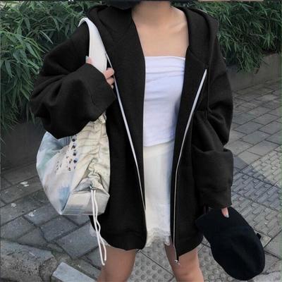 Cardigan da donna in tinta unita maglione coreano allentato con cappuccio cappotto in peluche casual con zip Cappotto allentato primaverile e autunnale