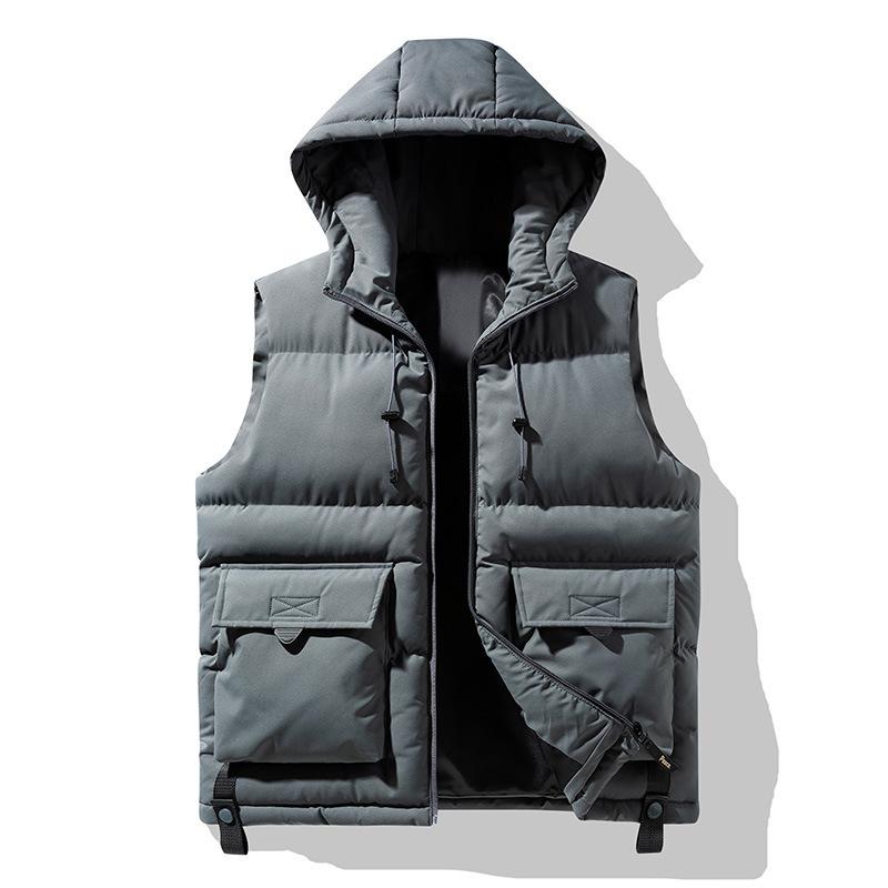 Men's Winter Trend Wear Loose Thick Down Cotton Clip Multi-pocket Solid Color Casual Hooded Vest Coat