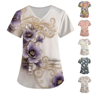 Women's Fashion V-Neck Short Sleeve Overalls With Pockets  Print Tops  Clothes