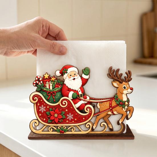 Gingerbread House Napkin Rack Christmas Wooden Tissue Holder, Dispenser with Santa Elk Decorative Stand Pattern, Organizer for Dining Table