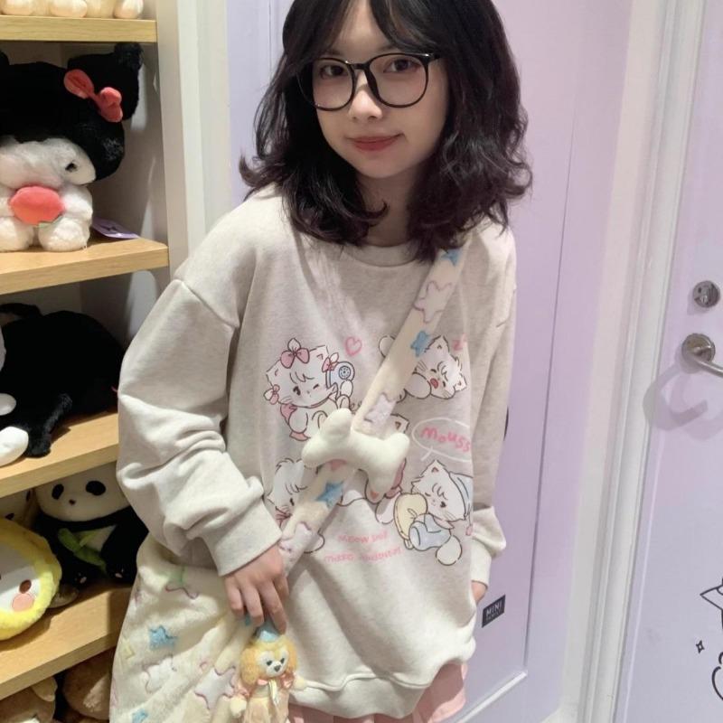 2KWEIRD Y2k Harajuku Kawaii Hoodie Women Japanese Fashion Cute Casual Cat Print Soft Gril Loose Sweatshirt Preppy Style