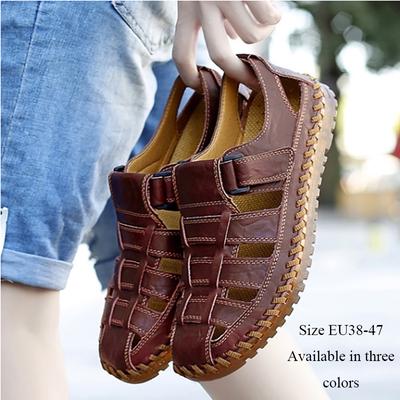 Summer Men's Sandals Cowhide Large Size Hand-sewn Casual Men's Shoes Hollow Out Breathable Outdoor Beach Shoes