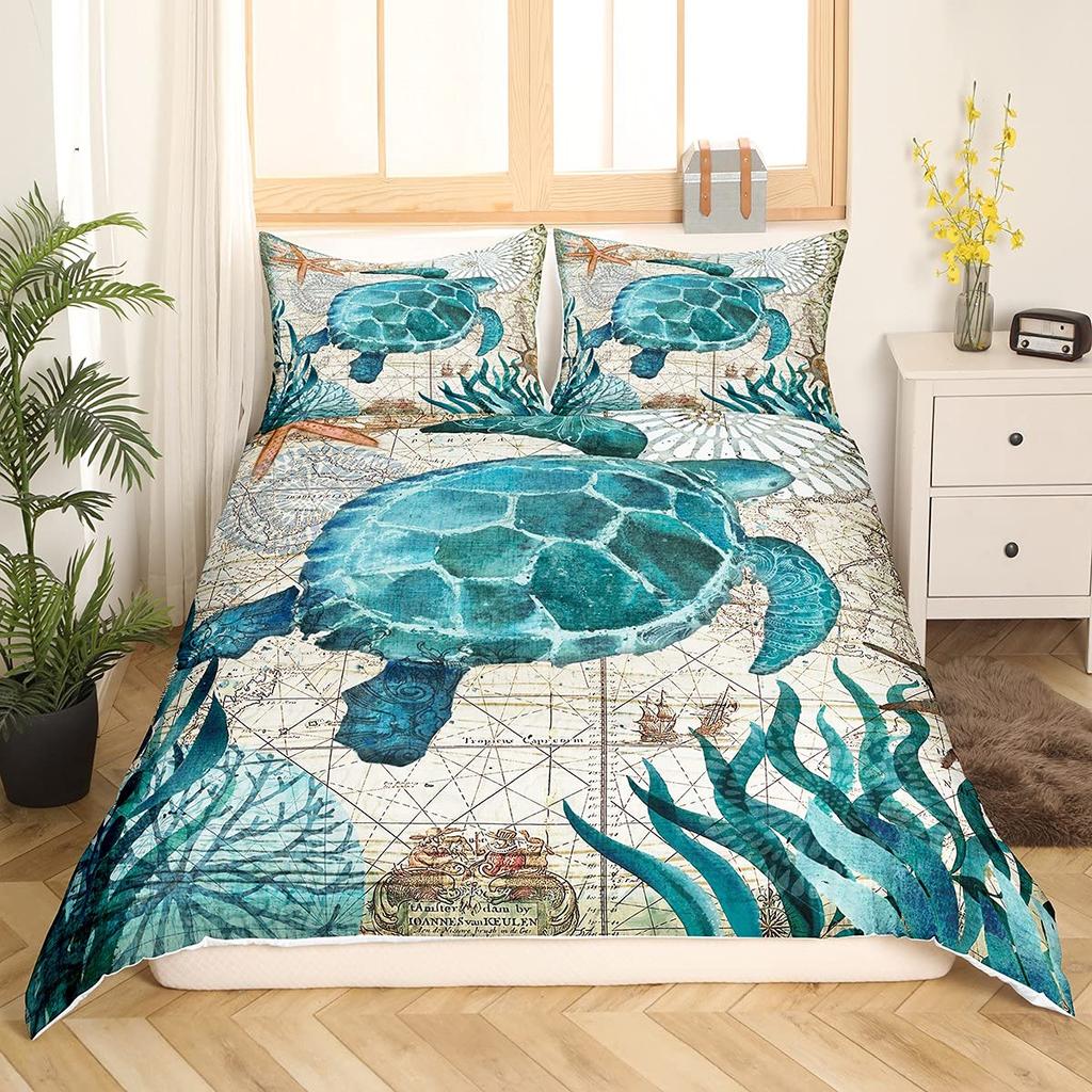 Sea Turtle Duvet Cover Full Size,Ocean Bedding Set for Kids Teens,Beach Comforter Cover,1 2 Pillowcases 3 Piece for Teens Boys