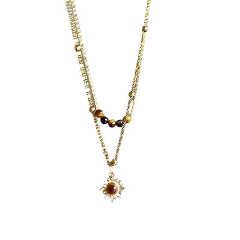 Retro Sunflower Tiger Eye Stone Necklace Layered with Sweater Chain, Winter and Autumn Collar Chain