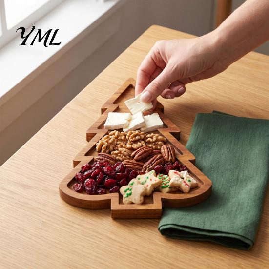Decorative Nut And Fruit Tray Christmas Tree Elk Serving Tray, Durable Wood Partitioned Design Food Server Platter, Dinnerware for Charcuterie Snacks