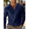 Men's Cotton Linen V-neck Button Solid Color Long-sleeved T-shirt Autumn Casual Versatile Comfortable Top